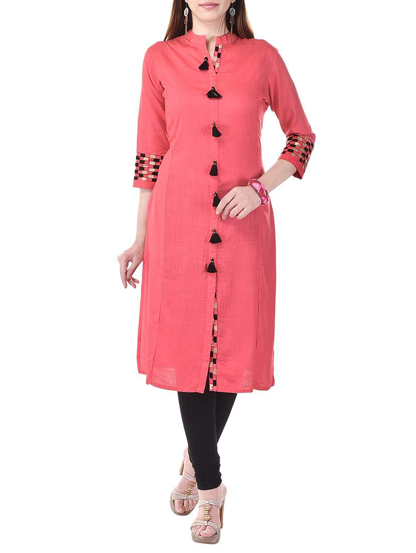 pink cotton slub straight kurta