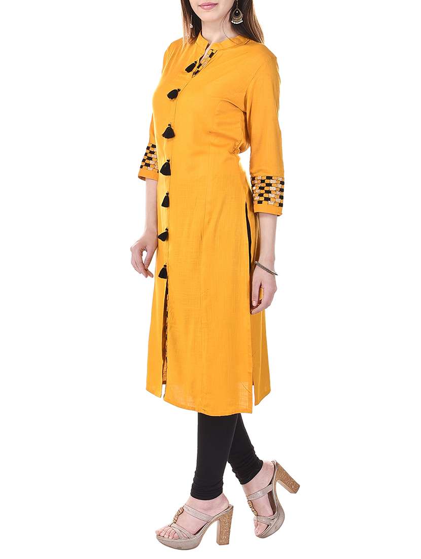 yellow cotton slub straight kurta - 12804921 -  Standard Image - 1