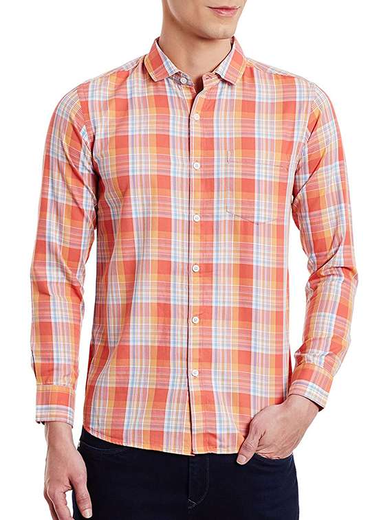 orange cotton casual checked shirt