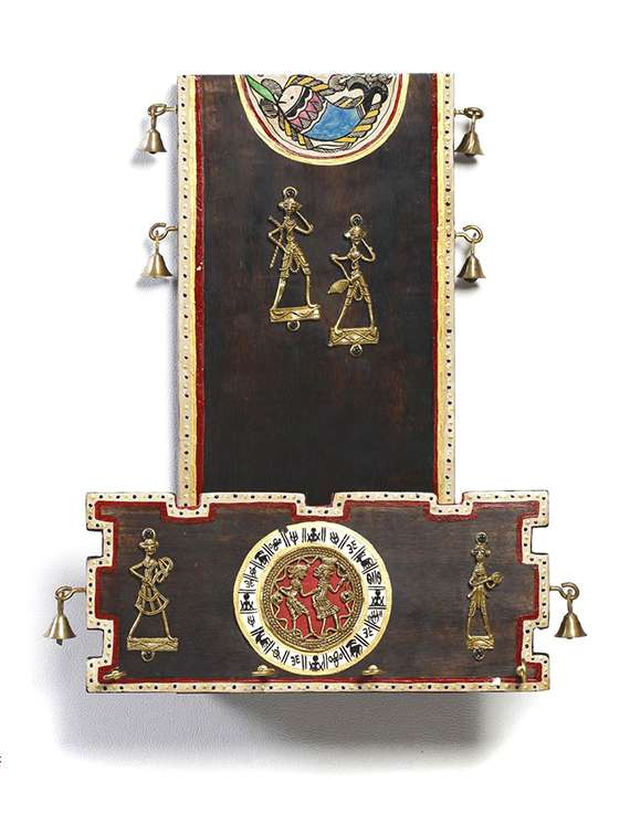 wood and metal wall art with tribal art and hand painted motifs