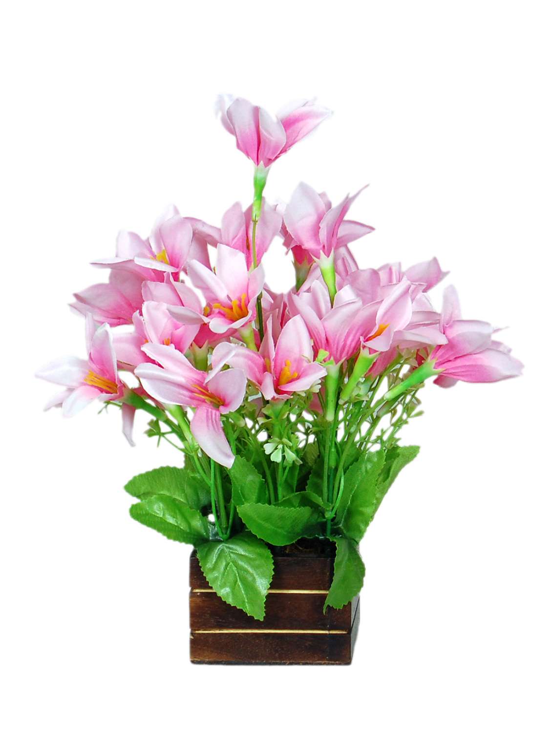 loxiaa artificial light pink lily flower with wooden pot (6 inch height)