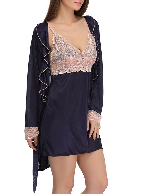 women solid navy blue satin nighty set - 12832971 - Standard Image - 1