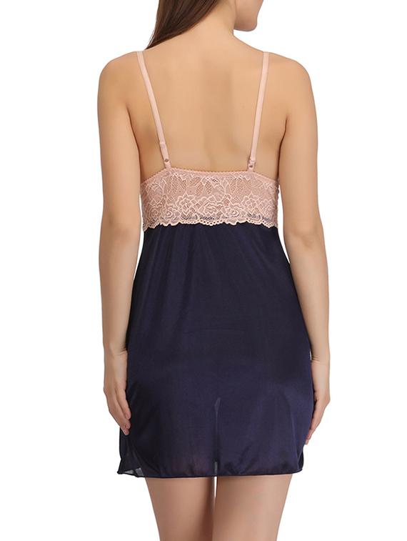 women solid navy blue satin nighty set - 12832971 - Standard Image - 4