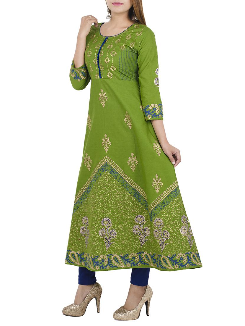 green cotton aline kurta - 12837524 -  Standard Image - 1