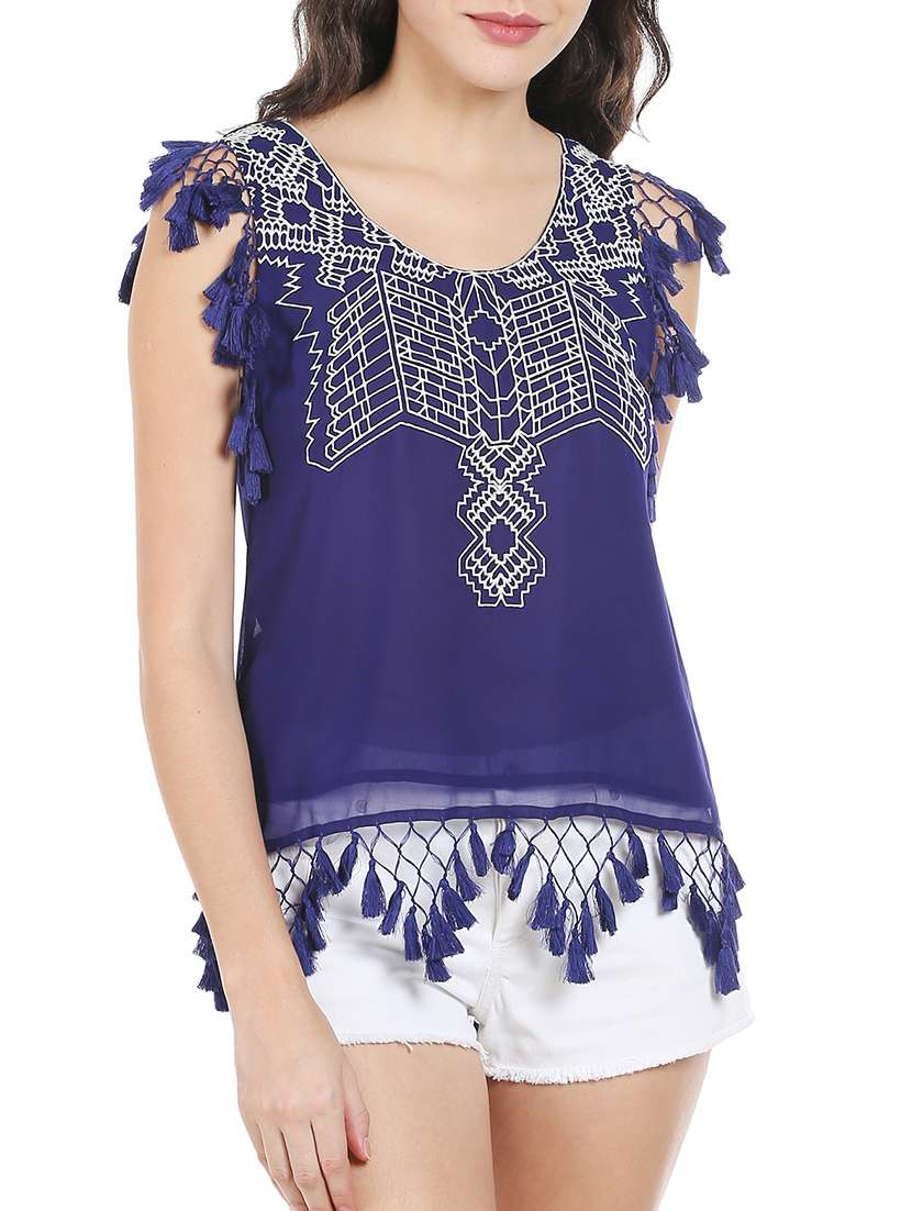 dark blue embroidered tassel trim top