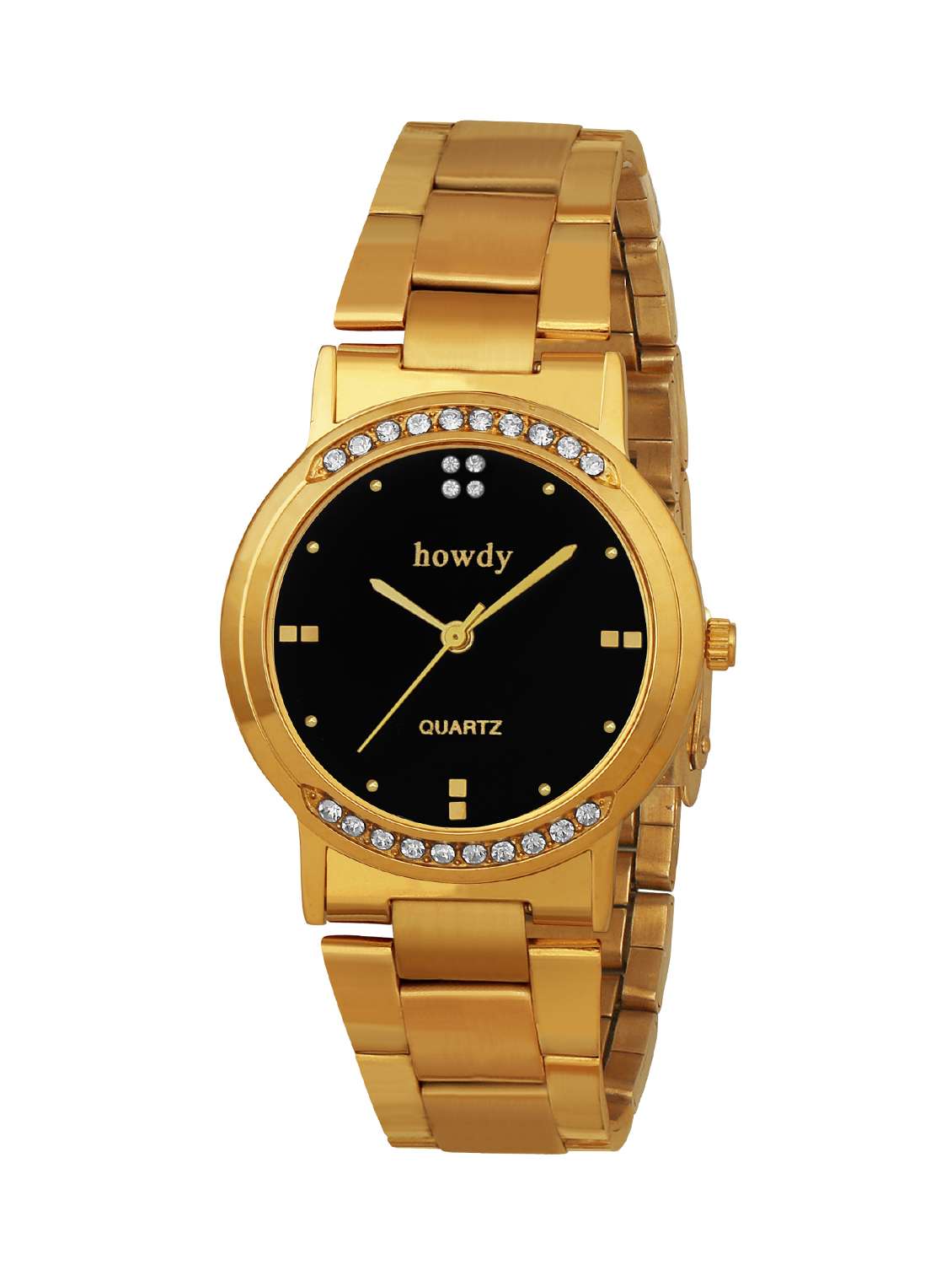 Howdy Crystal Studded Analog Black Dial With Golden Stainless Steel Strap Watch