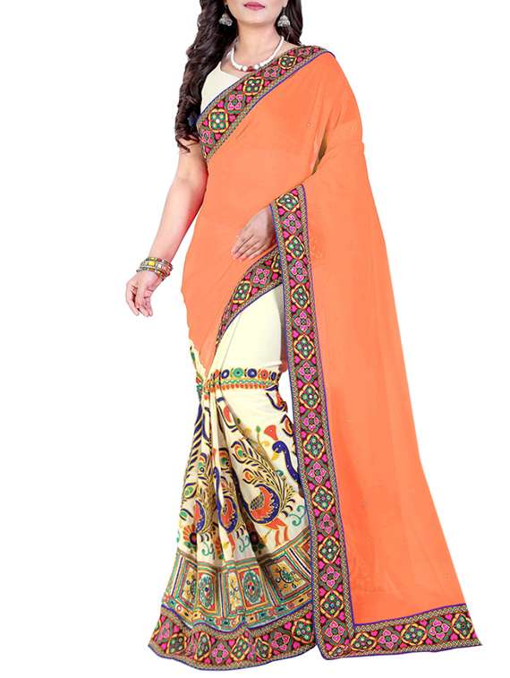 women's printed orange colored saree with blouse