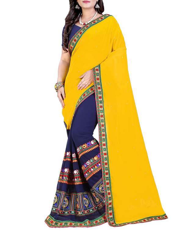 women's solid with work navy blue colored saree with blouse