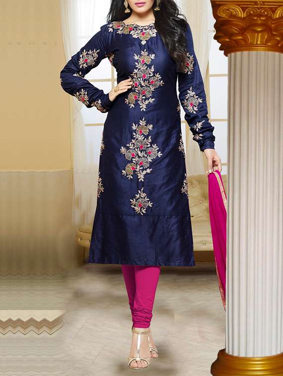 blue embroidered churidaar semi-stitched suit