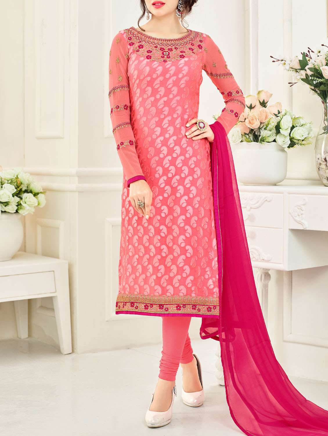 embellished unstitched churidaar suit