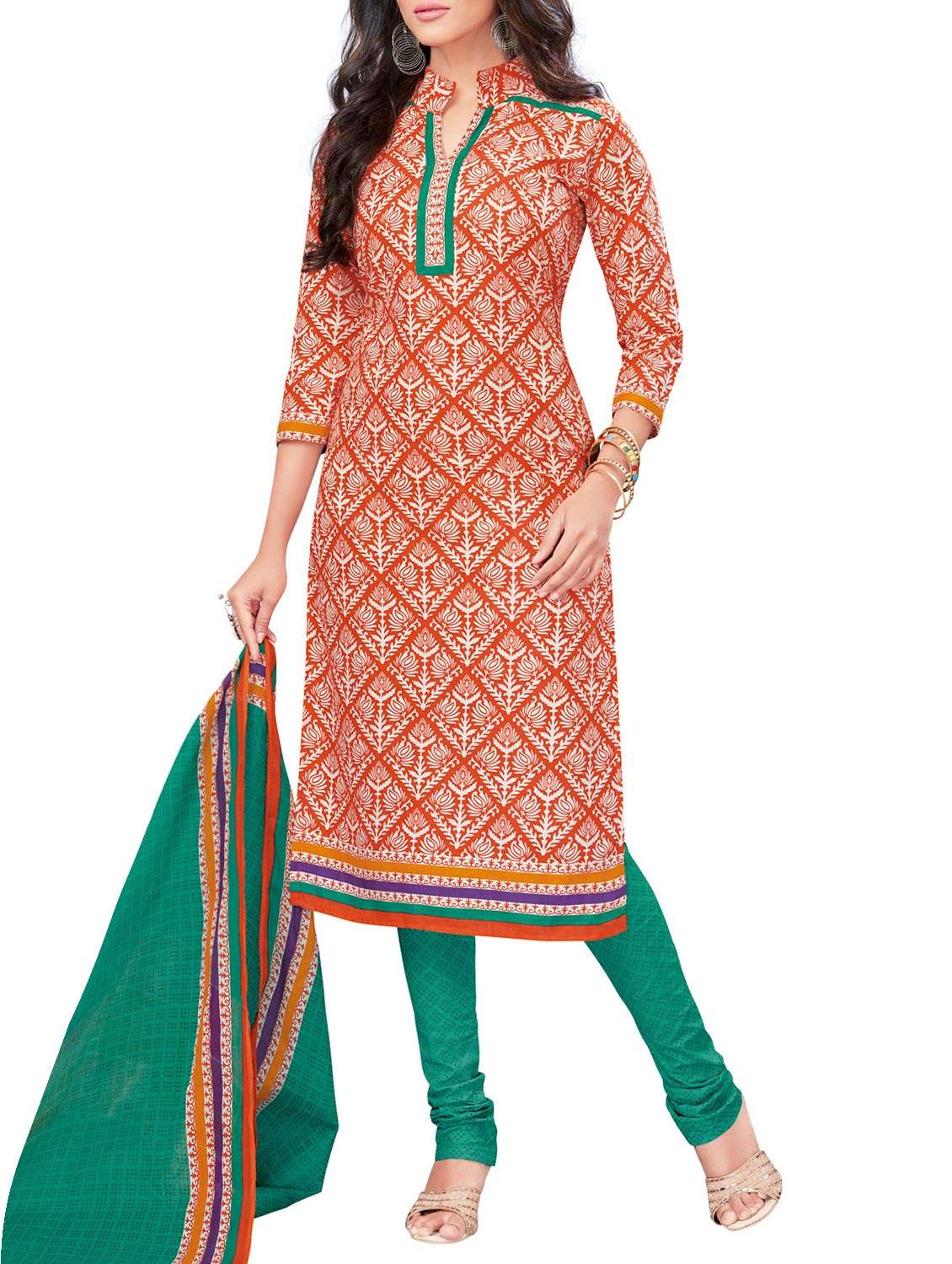 orange cotton churidaar suits unstitched suit