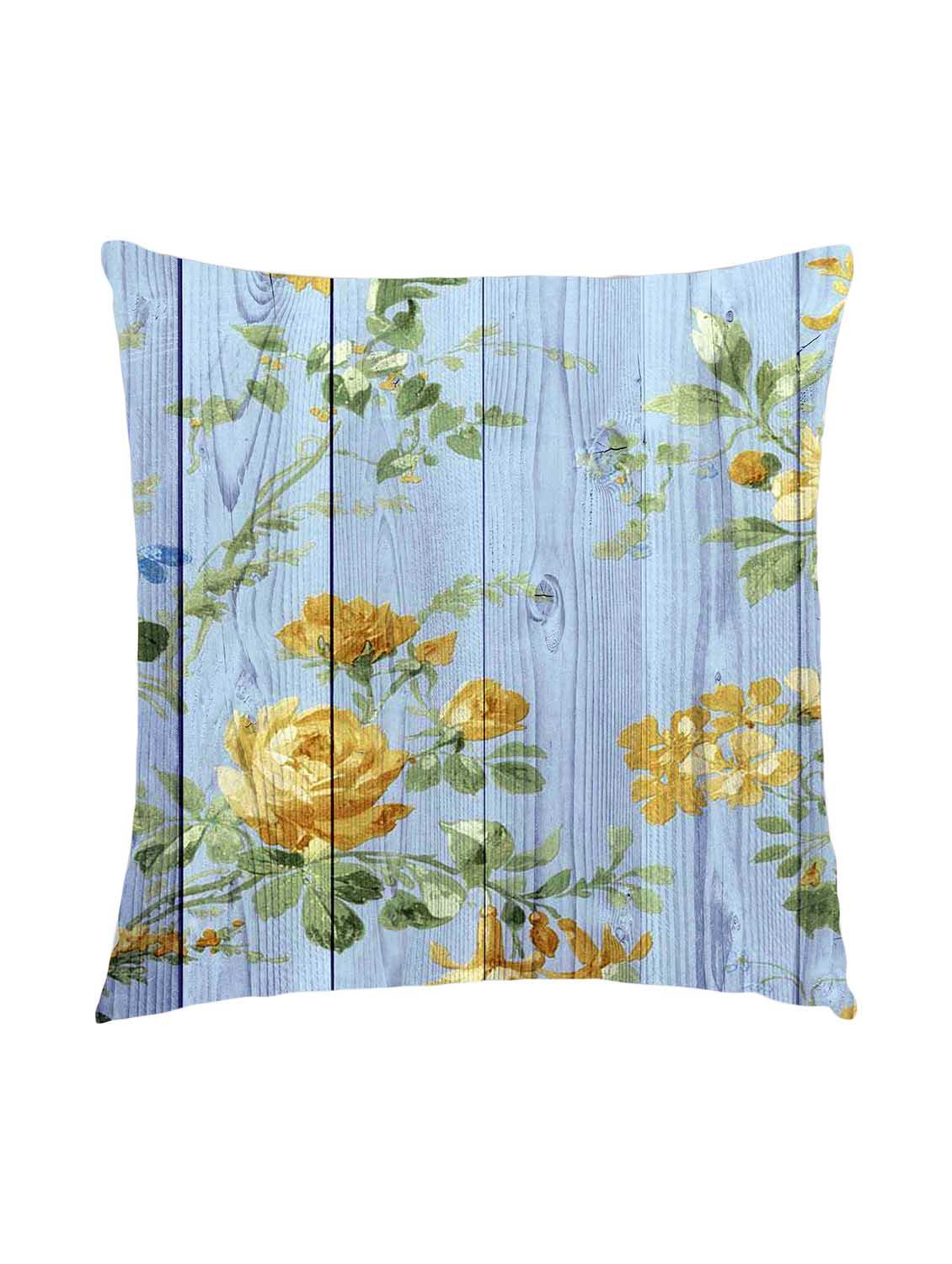 digitally printed cushion cover of blue wooden plank with yellow flowers - 12893129 - Zoom Image - 0