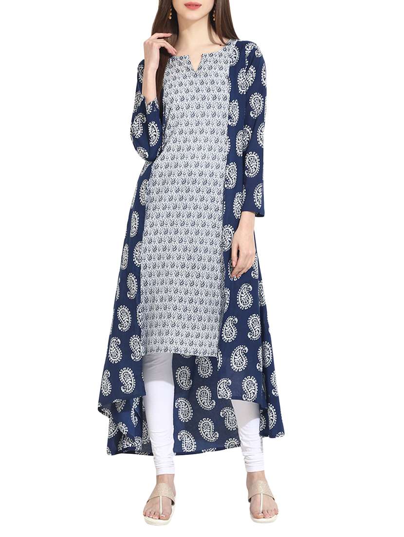 Indigo cotton printed high-low kurta