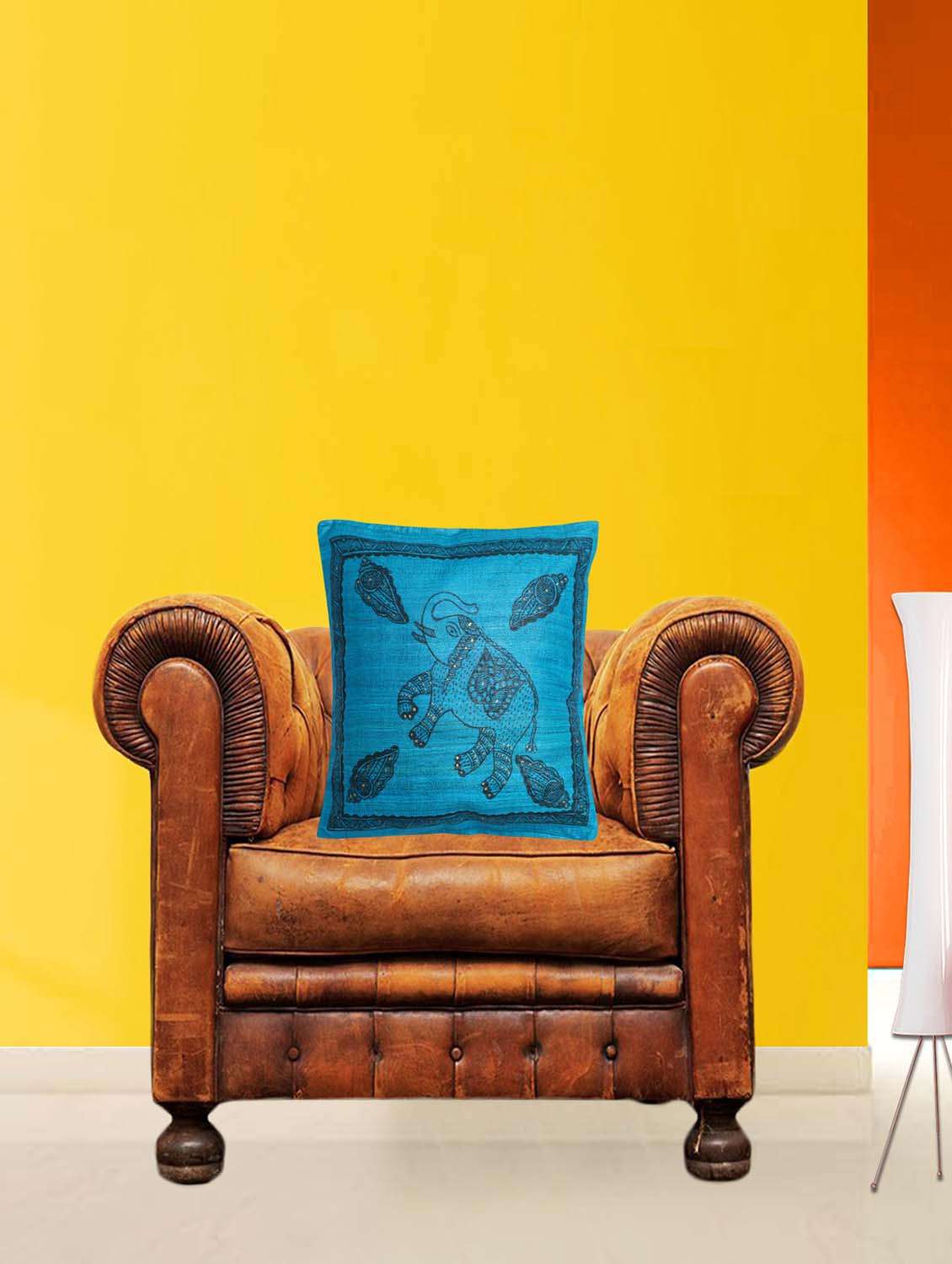 blue silk printed single cushion cover