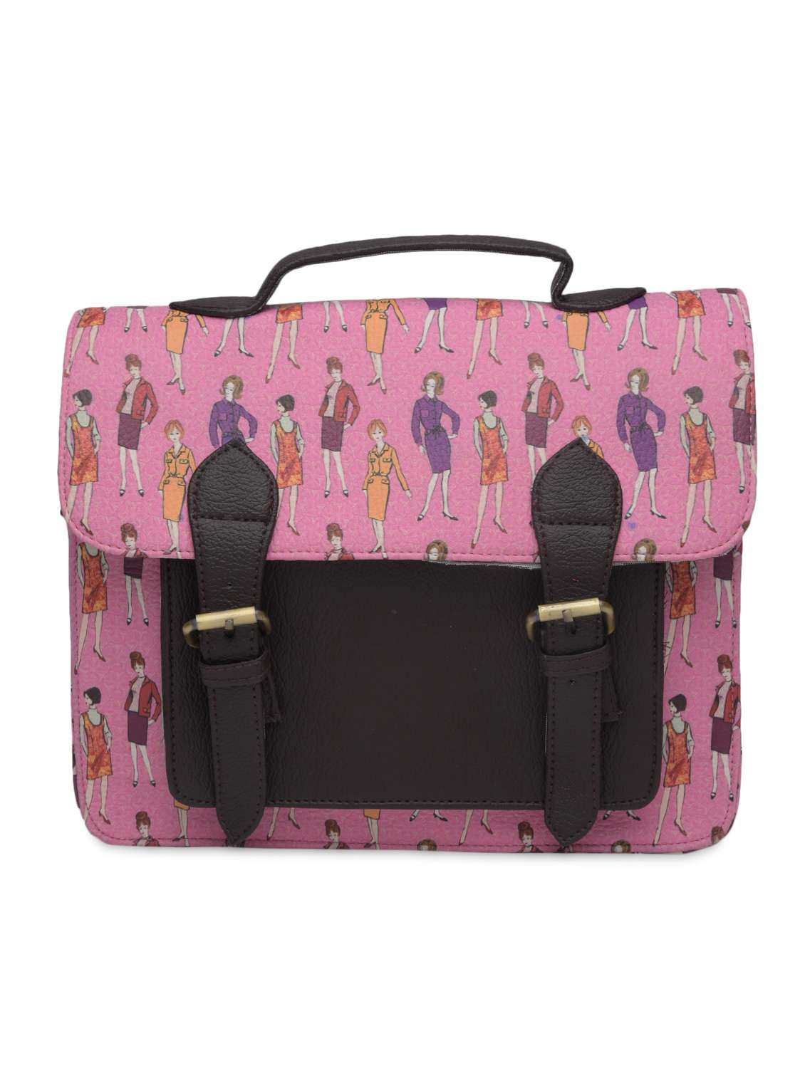 pink printed faux leather satchel bag