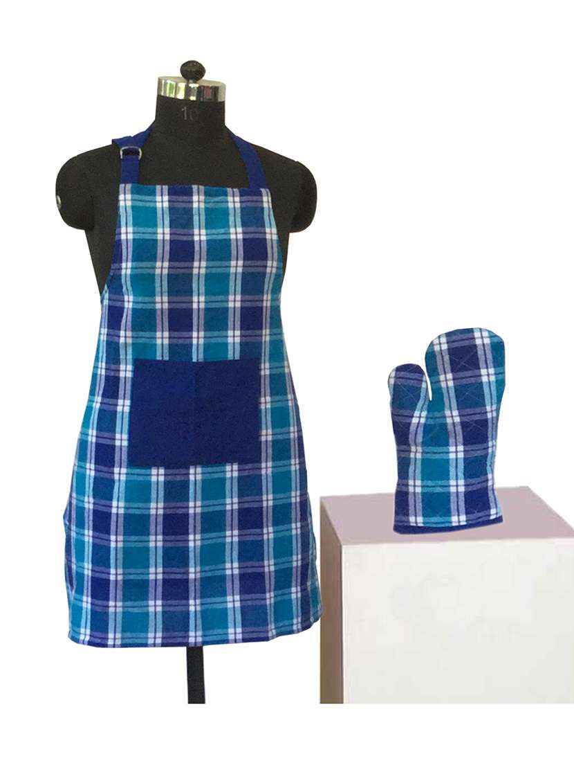 lushomes yarn dyed blue checks aprons set (1 apron and 1 oven mitten)