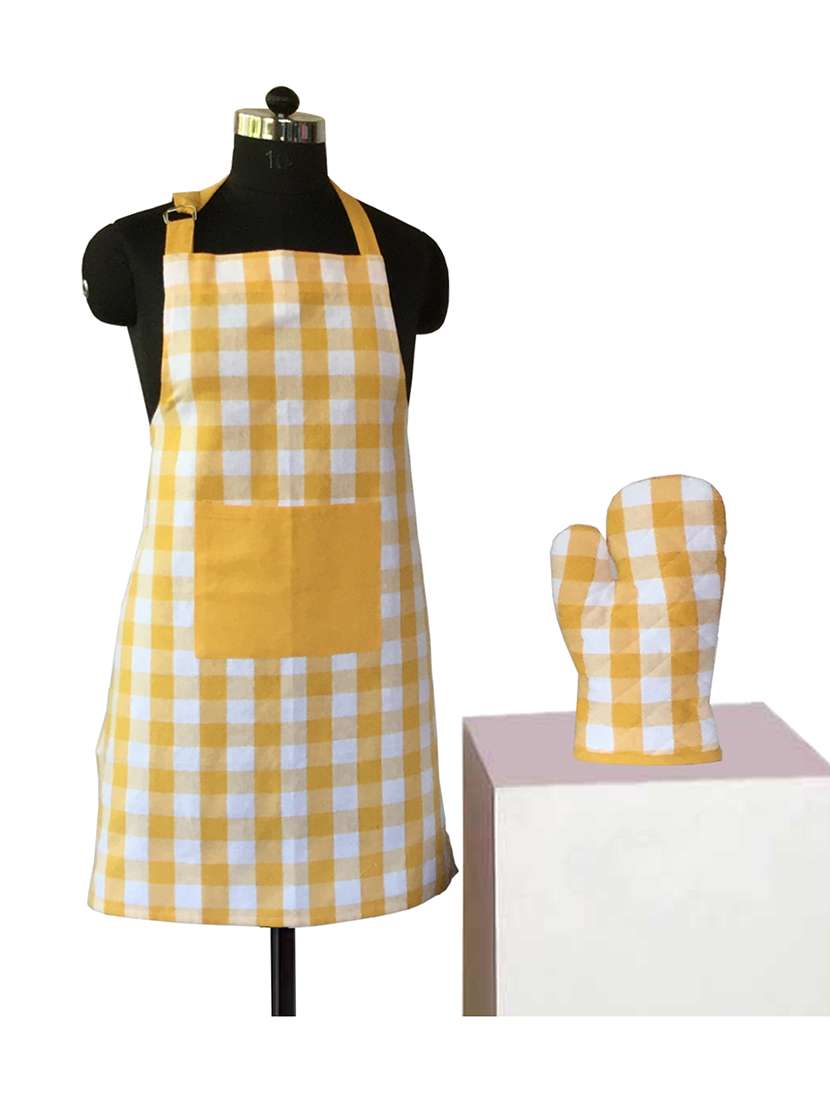 lushomes yarn dyed yellow checks aprons set (1 apron and 1 oven mitten)