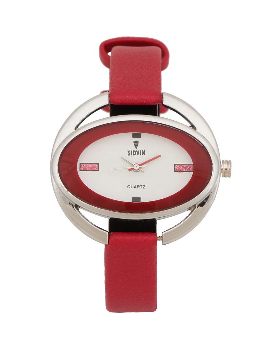 red leather strap oval analog watch