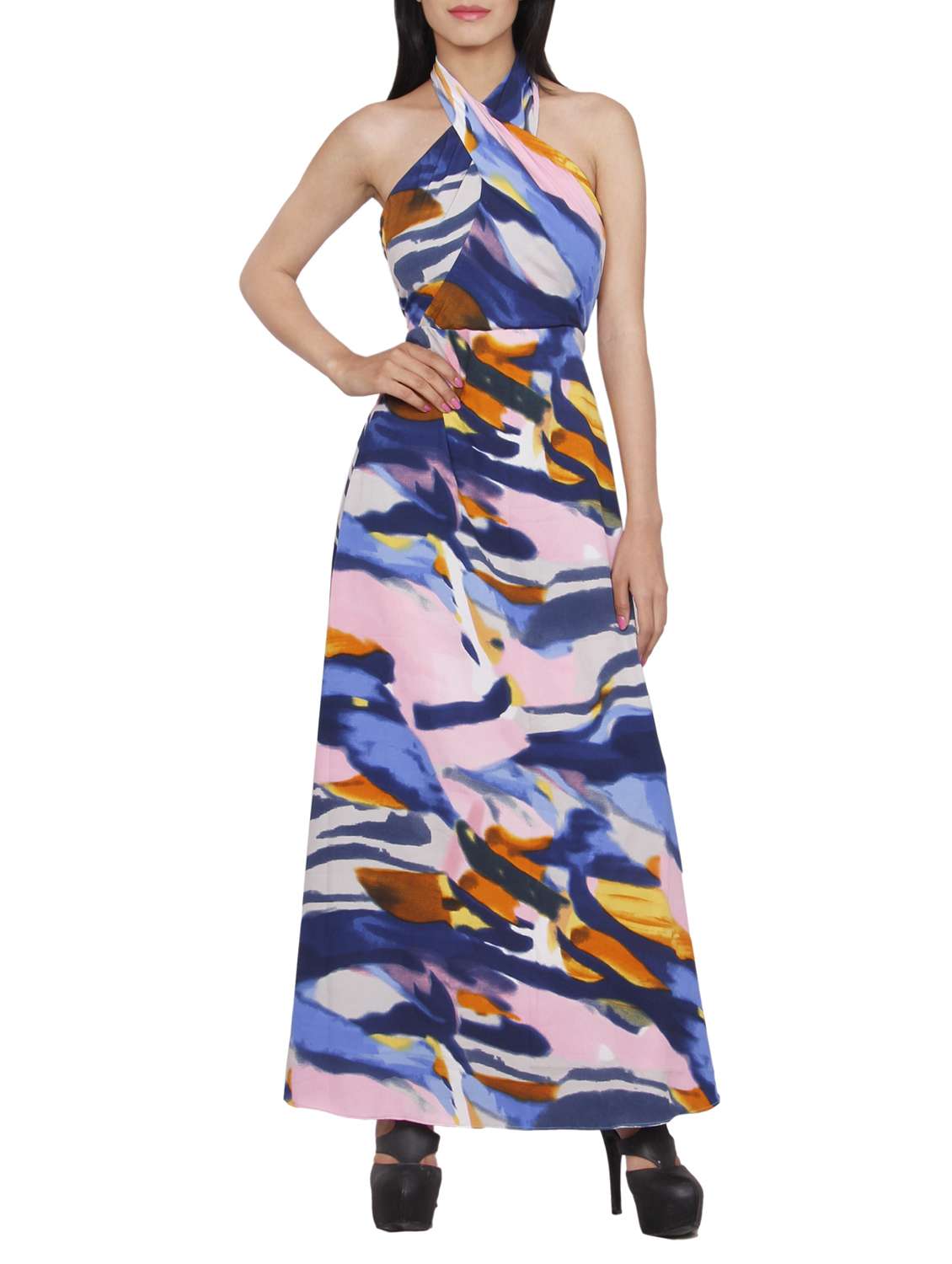 blue printed crepe dress