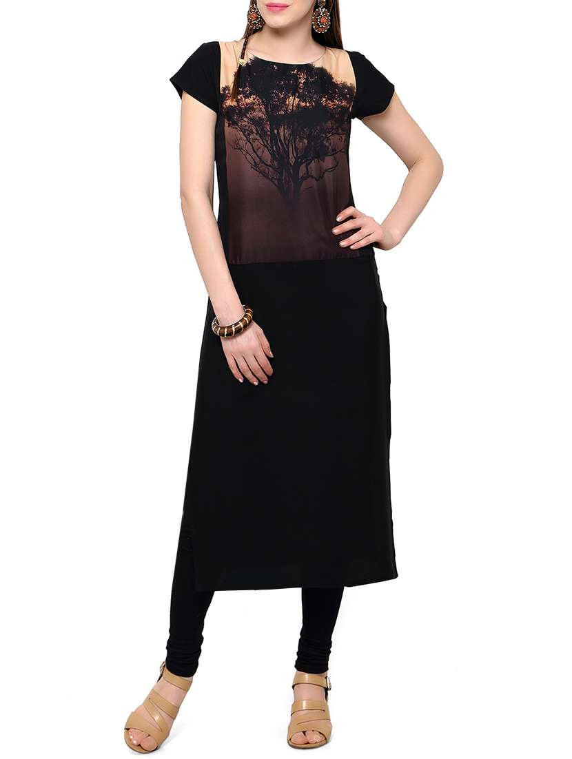 Black crepe printed long kurta