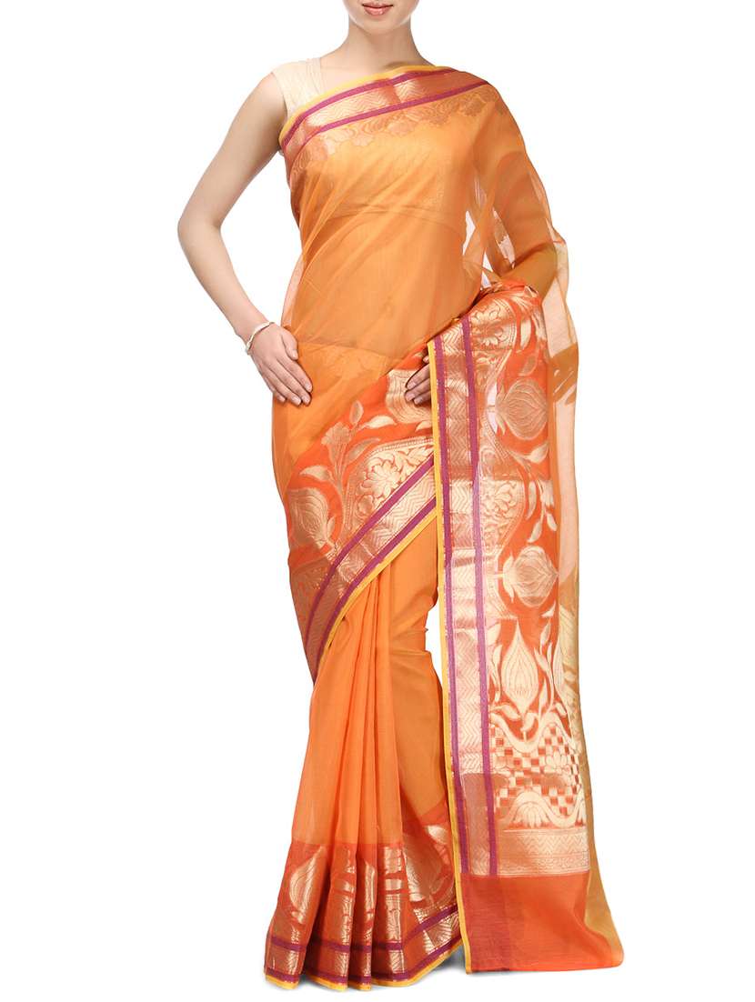 orange supernet bordered saree with blouse