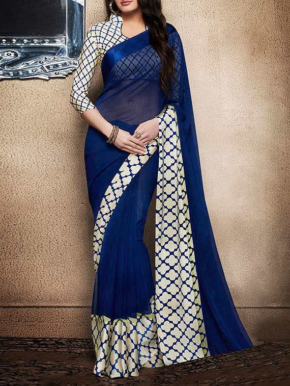 blue georgette printed saree with blouse