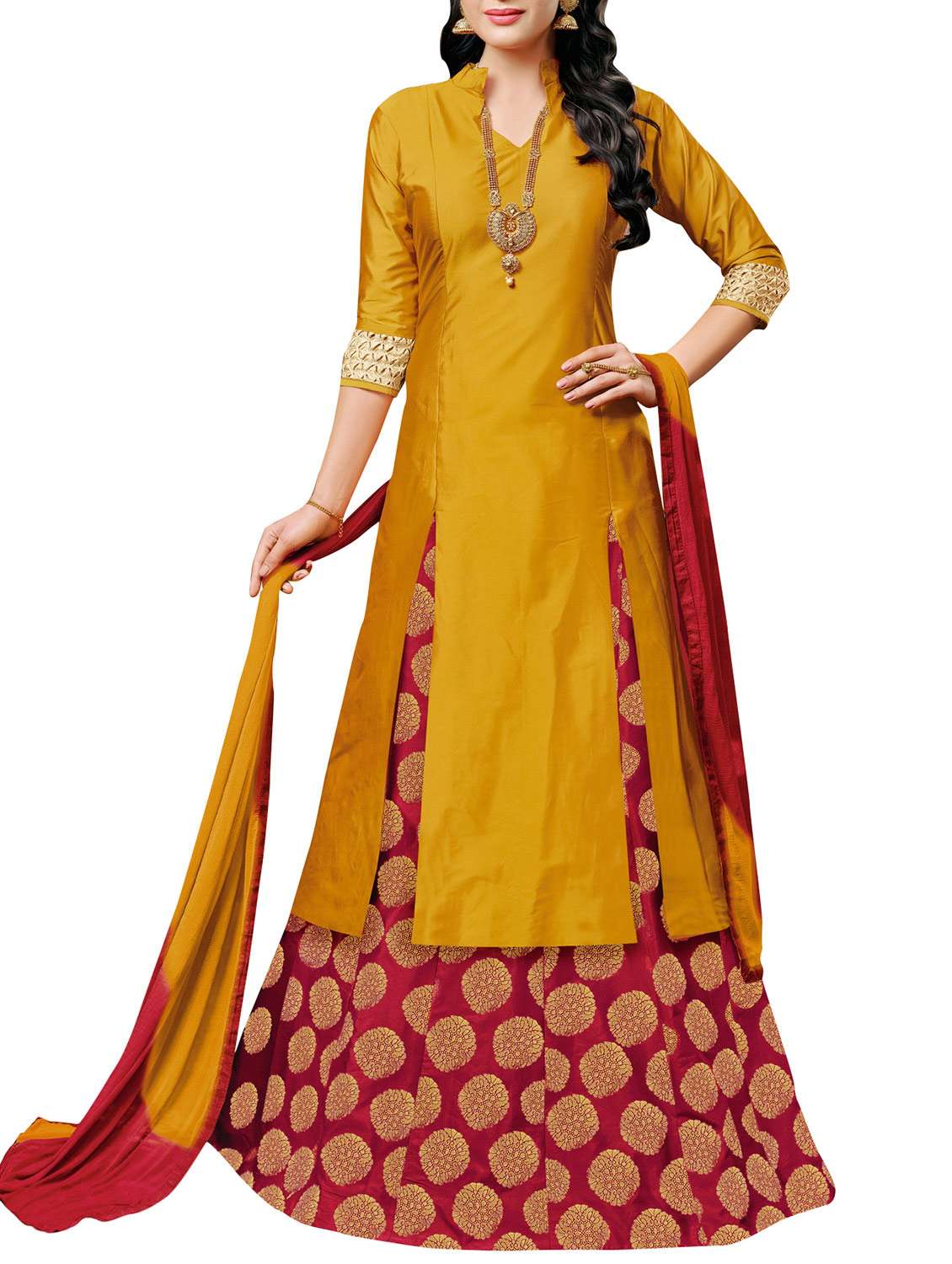 beige polyester aline lehenga