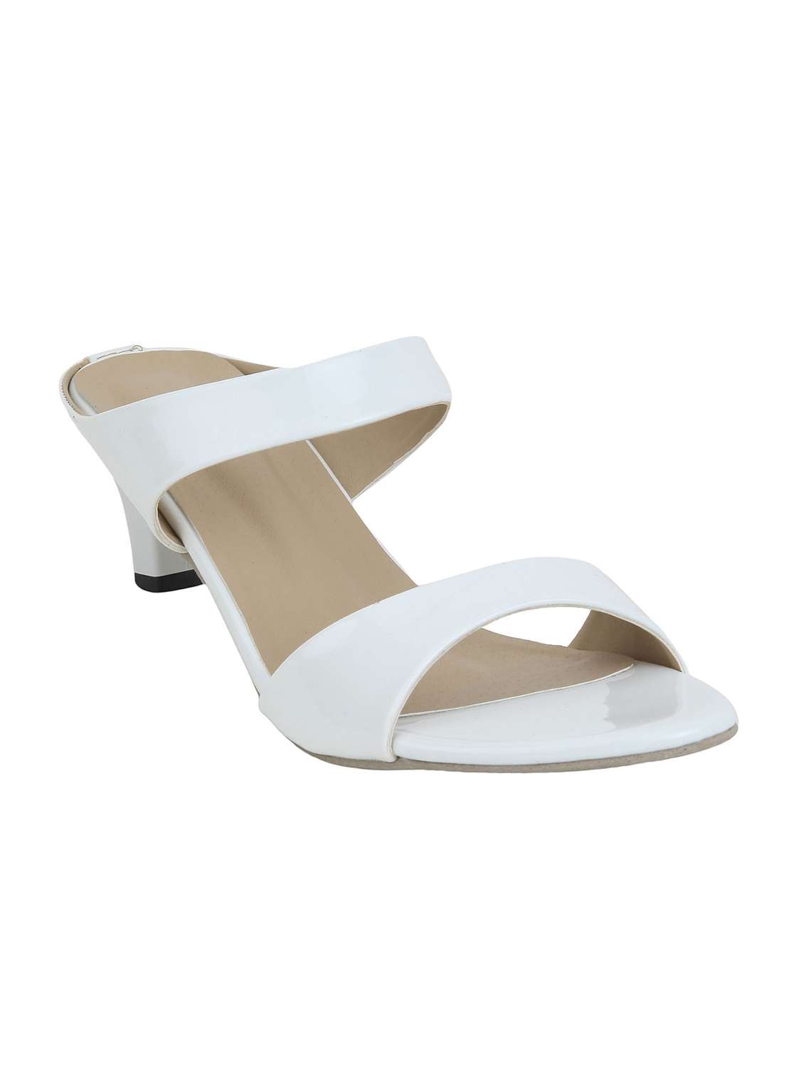 white leatherette slip on sandals