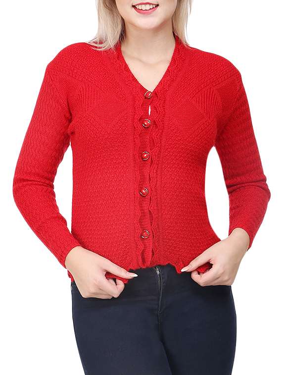 v neck self design solid cardigan