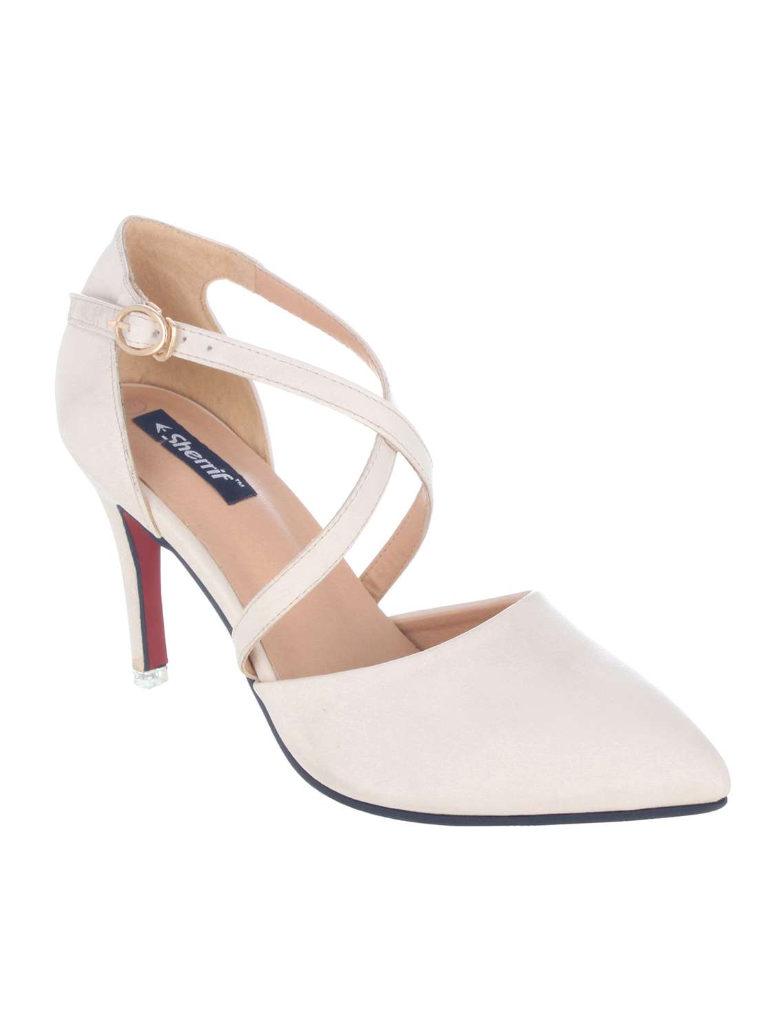 beige back strap pump