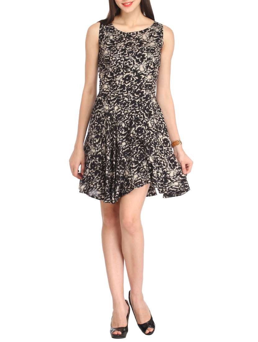 round neck floral flared dress