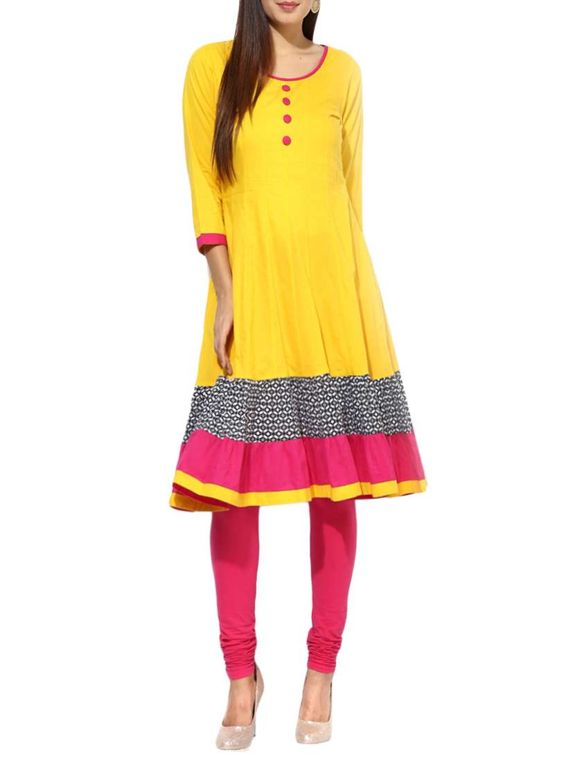 yellow cotton tiered  kurta
