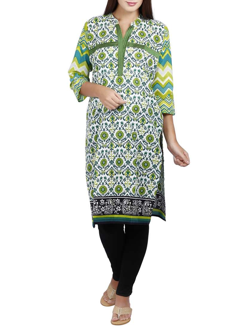 green cotton printed straight kurta