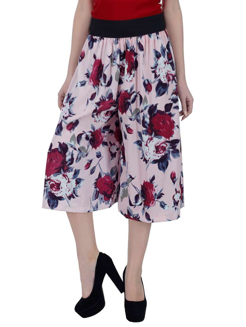 pink floral printed crepe culottes