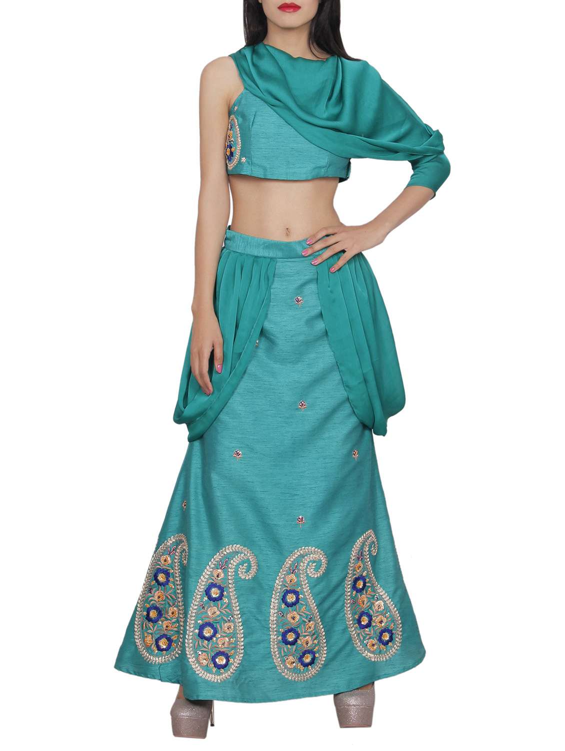 green embroidered a-line lehenga