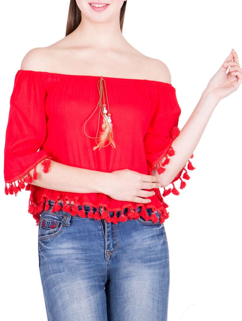 red cotton off shoulder top