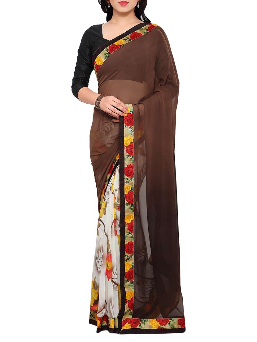brown chiffon printed half and half saree with blouse