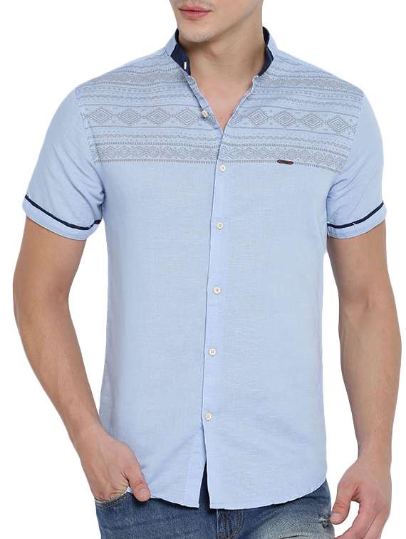 blue linen printed casual shirt