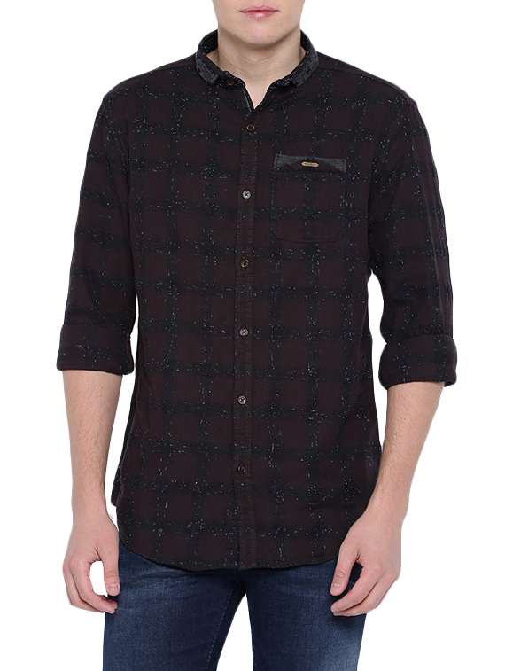 brown cotton checked casual shirt