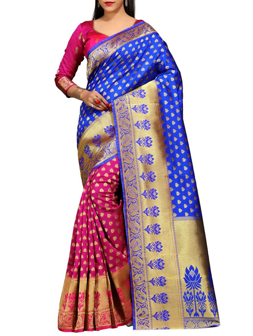 blue silk blend banarasi saree with blouse