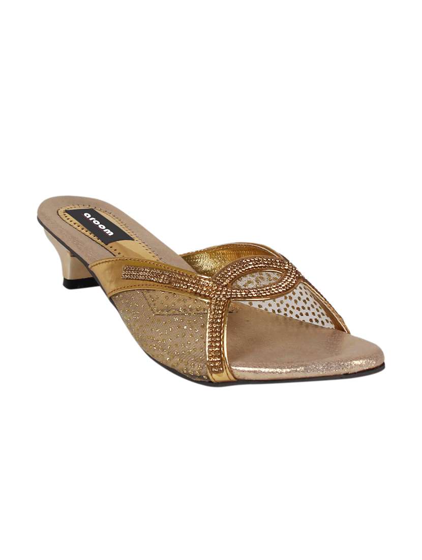 gold fabric slip on sandals