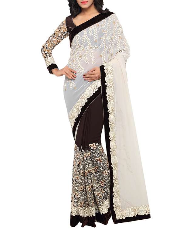 brown chiffon half and half saree with blouse