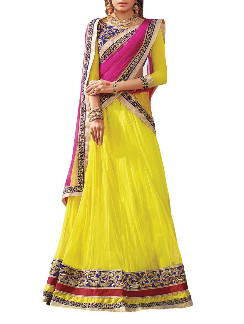 yellow net panelled lehenga