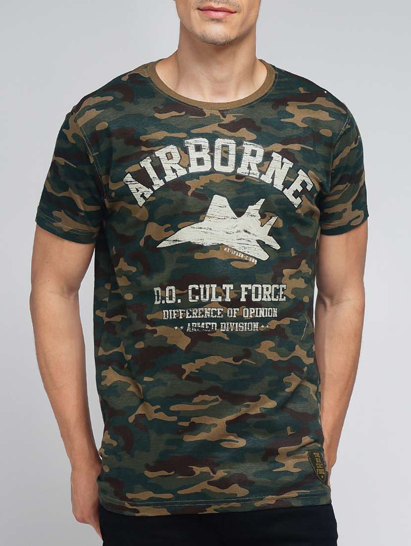 green cotton camouflage printed t-shirt