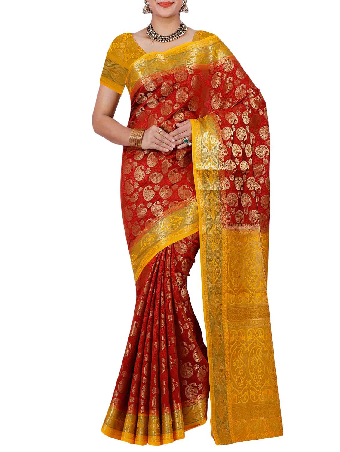 women's  red colored saree with blouse