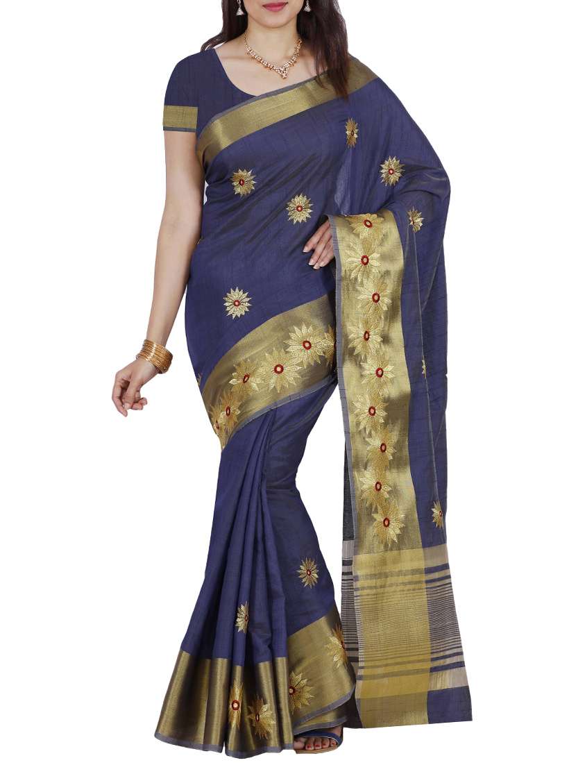 blue embroidered  silk saree