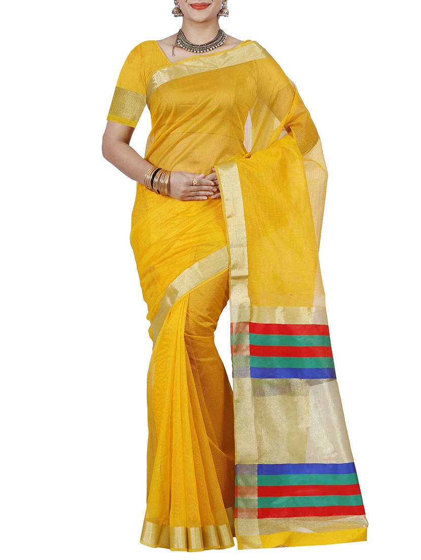 yellow net bordered saree