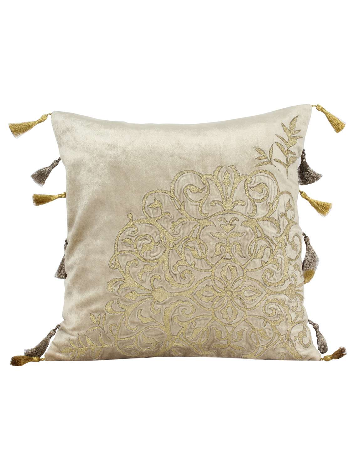 sanaa floral zari embroidery with tassels cushion cover rose gold/beige 40x40 cms