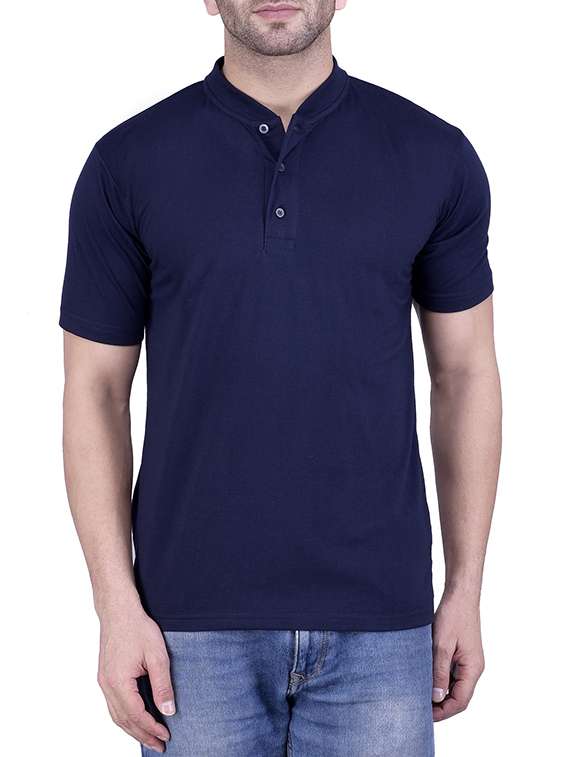 men navy blue solid henley neck t-shirt