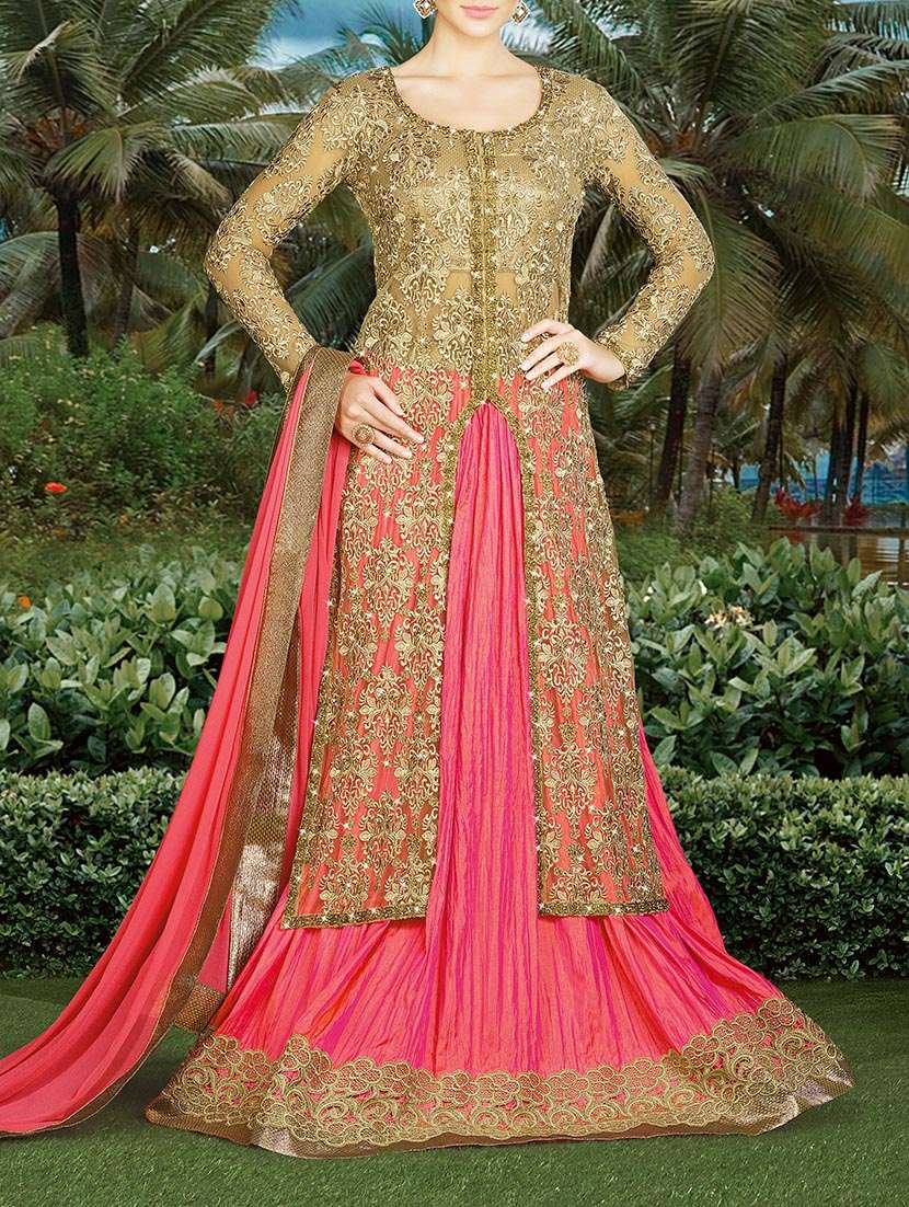 beige net embroidered flared dress material